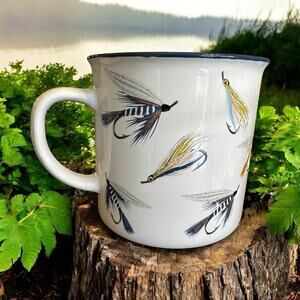 Orly Maison Mug Fishing Lures Oversized 20oz White/Blue Trim Dad Fisherman